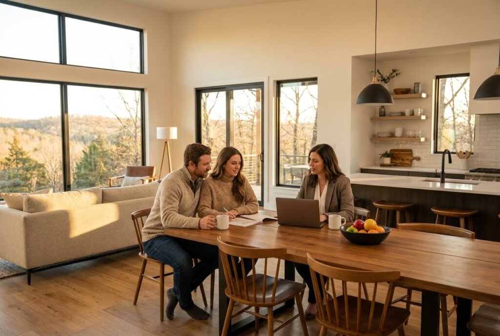 A couple and a real estate agent discuss documents at a wooden table in a modern home with large windows.