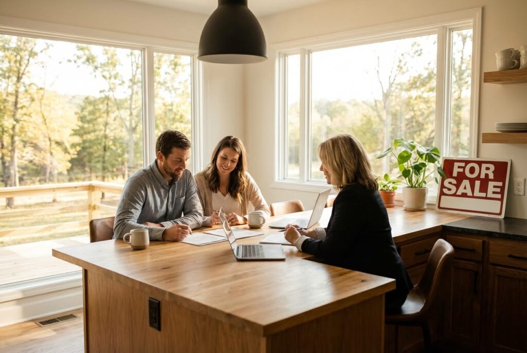 A couple and a real estate agent review documents at a wooden table, with a "FOR SALE" sign nearby.