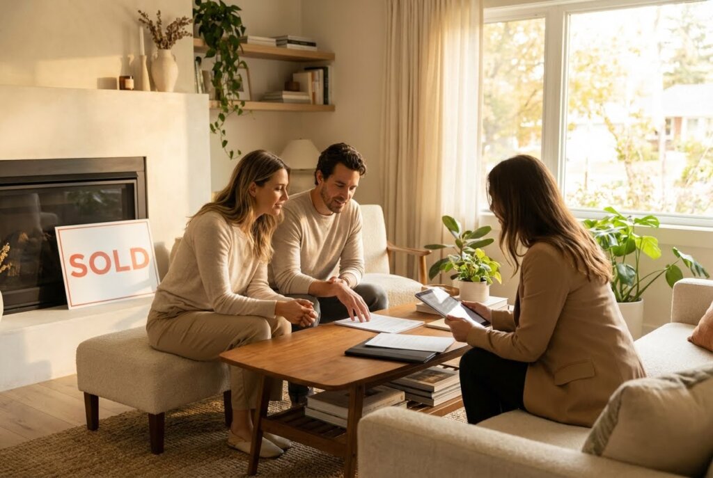 A couple and a real estate agent review documents in a bright living room with a "SOLD" sign by the fireplace.
