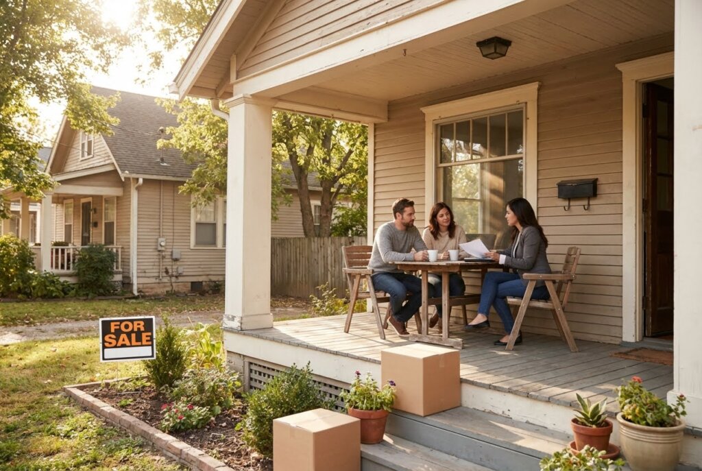 A couple and a woman reviewing documents on a porch with a "For Sale" sign in the yard.