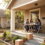 A couple and a woman reviewing documents on a porch with a "For Sale" sign in the yard.