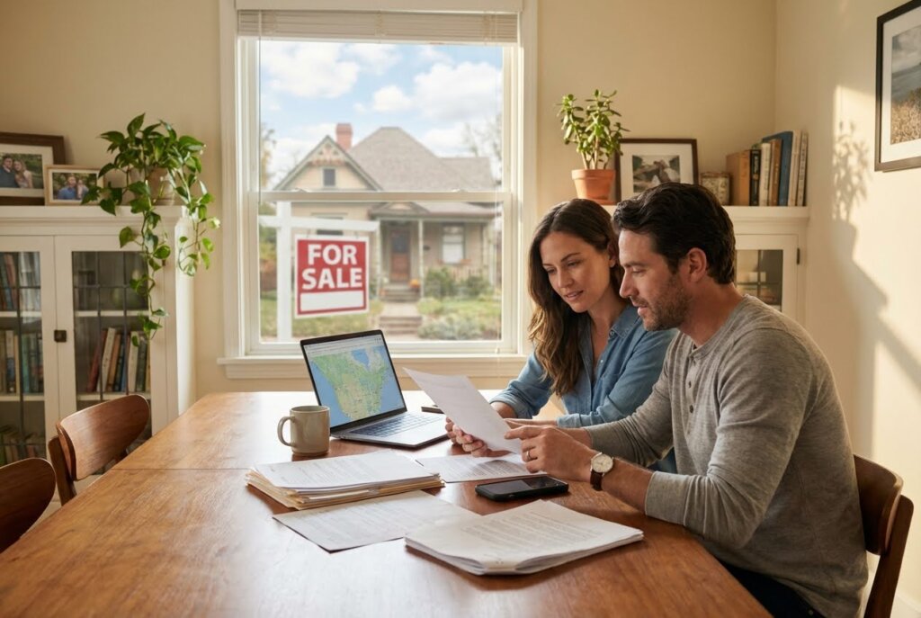 A couple of review documents at a table with a laptop, a FOR SALE sign visible through the window.