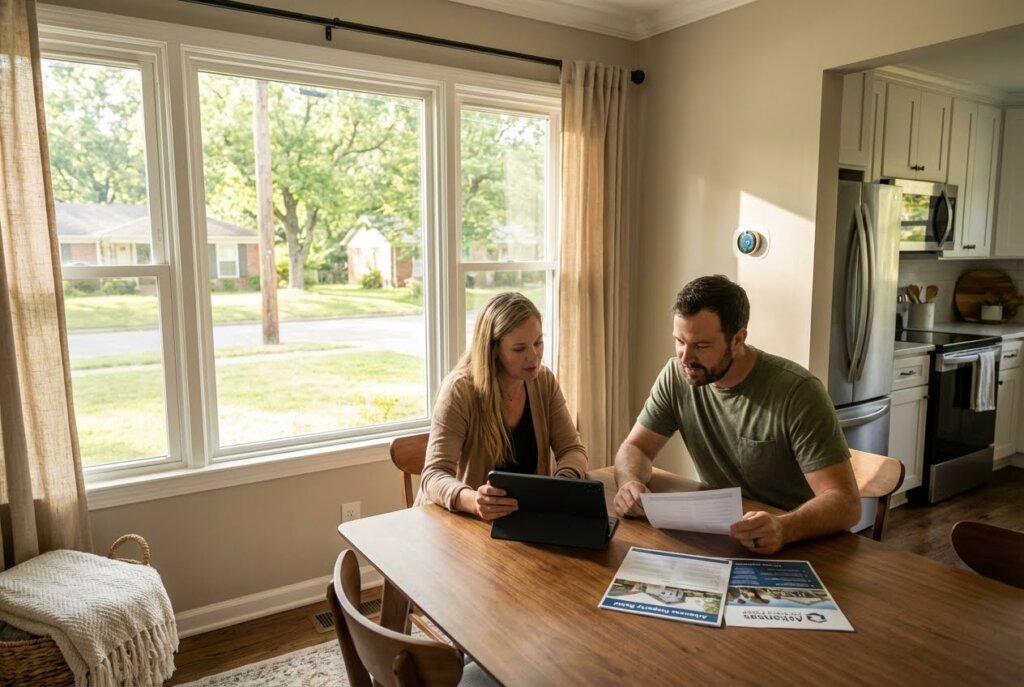 A couple reviews documents and a tablet at a dining table, with a large window and kitchen in the background.