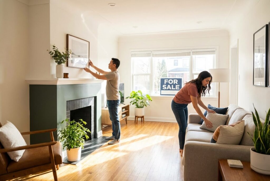 A couple tidying a bright living room with a green fireplace and "FOR SALE" sign in the window.
