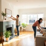 A couple tidying a bright living room with a green fireplace and "FOR SALE" sign in the window.