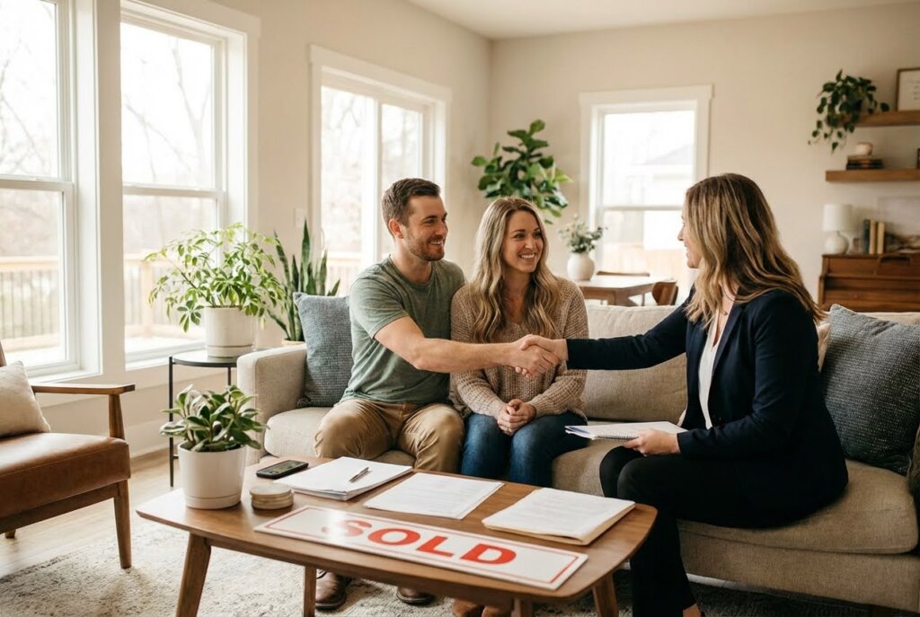 A happy couple shaking hands with a real estate agent in a bright, modern living room with a "SOLD" sign on the coffee table.