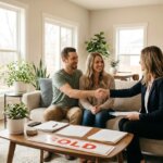 A happy couple shaking hands with a real estate agent in a bright, modern living room with a "SOLD" sign on the coffee table.