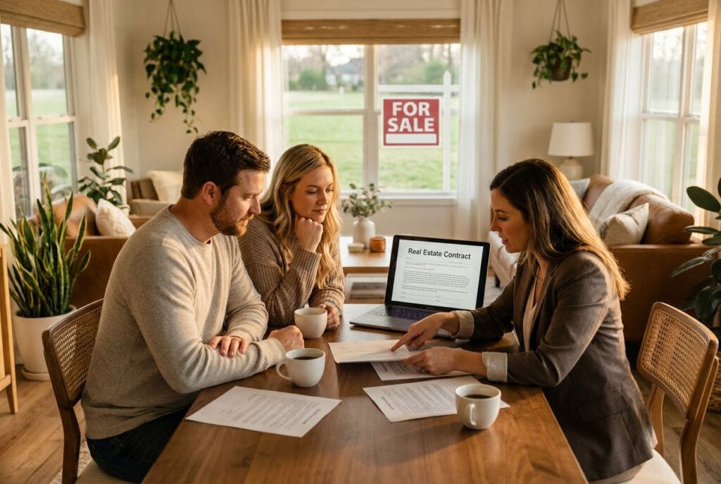  A real estate agent points to a contract for a couple at a table, with a "FOR SALE" sign visible outside.