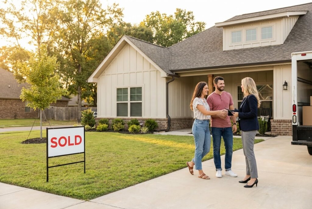 A real estate agent shakes hands with a happy couple in front of their new white house with a "SOLD" sign on the lawn.