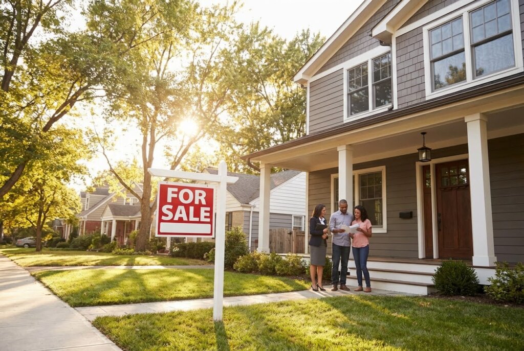 A real estate agent shows a couple of documents on the porch of a gray house with a "FOR SALE" sign in the yard.