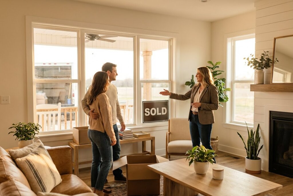 A real estate agent shows a young couple their new home, with a SOLD sign in the window.