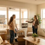 A real estate agent shows a young couple their new home, with a SOLD sign in the window.
