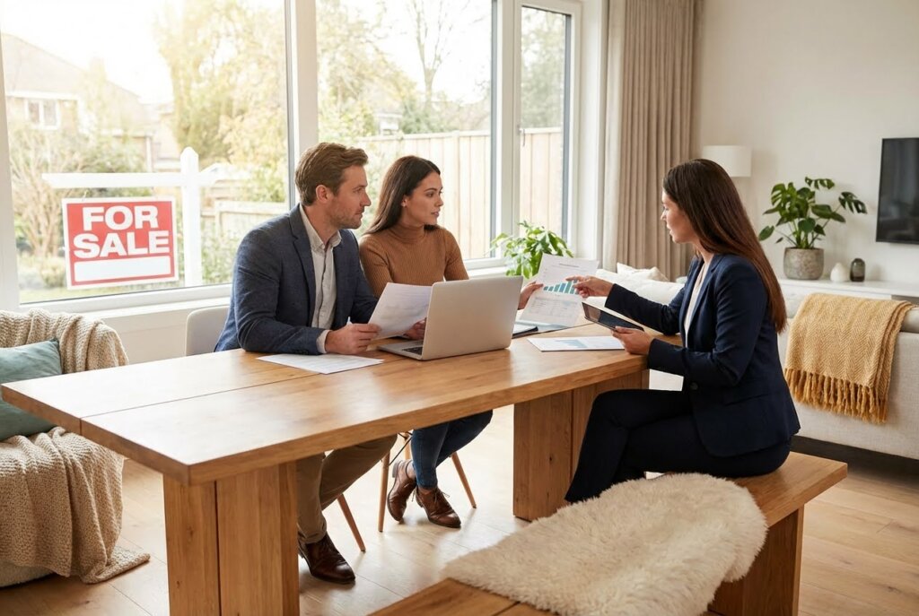 A realtor shows a couple market data at a wooden table, with a "FOR SALE" sign visible through a large window.
