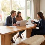 A realtor shows a couple market data at a wooden table, with a "FOR SALE" sign visible through a large window.