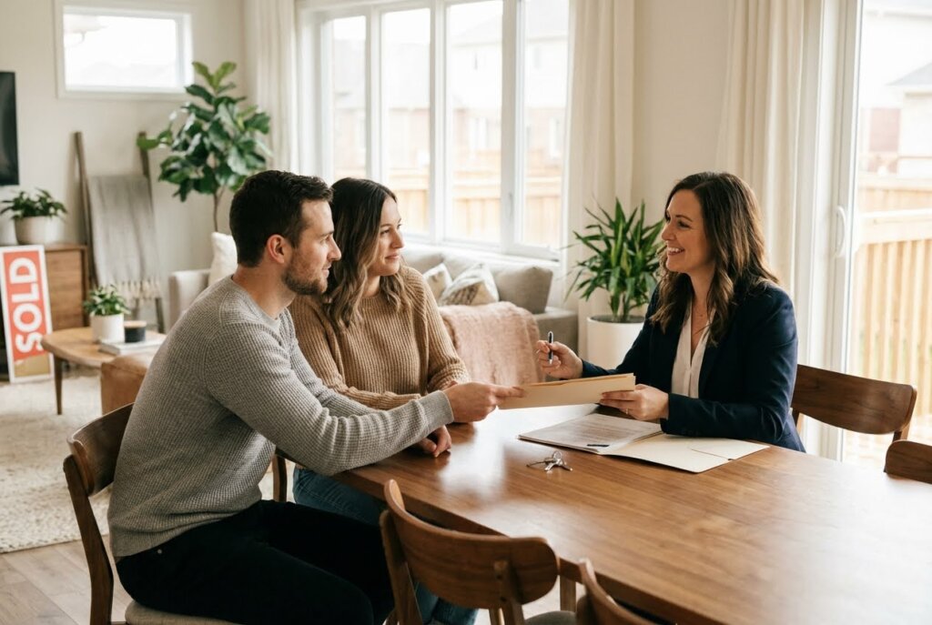 A smiling couple and a female real estate agent discussing documents at a table in a bright, modern living room.