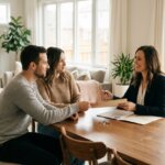 A smiling couple and a female real estate agent discussing documents at a table in a bright, modern living room.