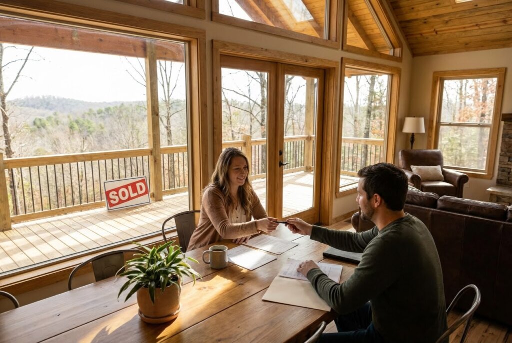 A smiling couple reviews documents at a table in a bright, modern living room.