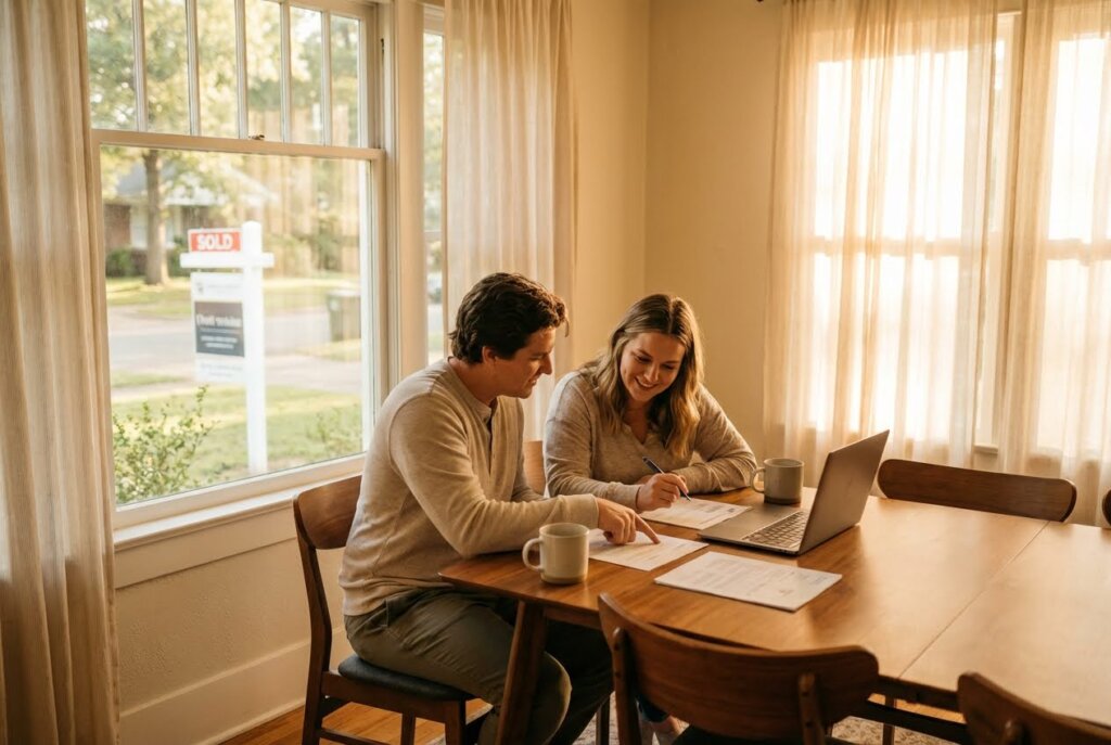 A smiling couple reviews documents at a wooden table with a laptop, a "SOLD" sign visible through the window.