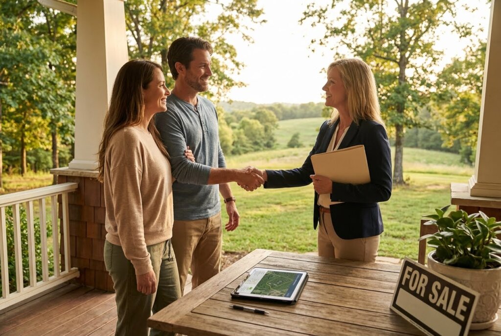 A smiling couple shakes hands with a female real estate agent on a porch with a "For Sale" sign and tablet.