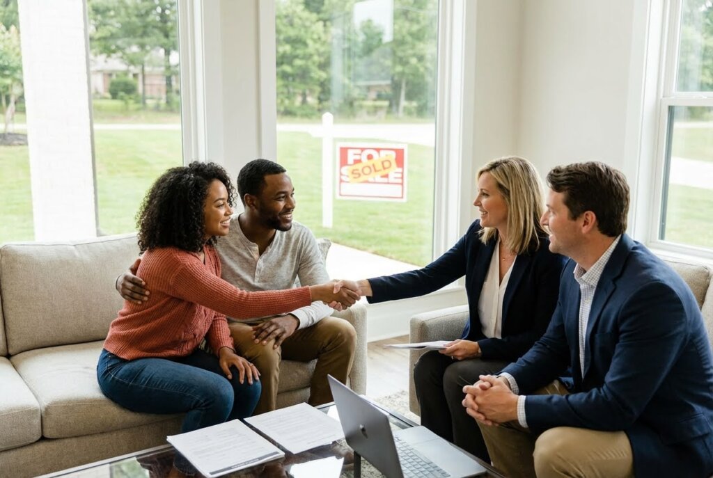 A smiling couple shaking hands with a woman in a suit, with a For Sale - Sold sign visible outside.