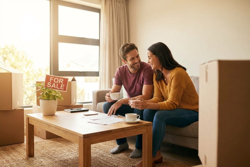 A smiling couple sits on a couch with coffee, documents on a table, and a "FOR SALE" sign among moving boxes.
