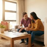 A smiling couple sits on a couch with coffee, documents on a table, and a "FOR SALE" sign among moving boxes.