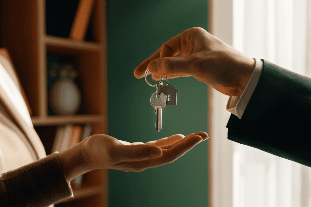 Close-up of a person handing house keys with a home-shaped keychain to another person, symbolizing a property sale or new home.