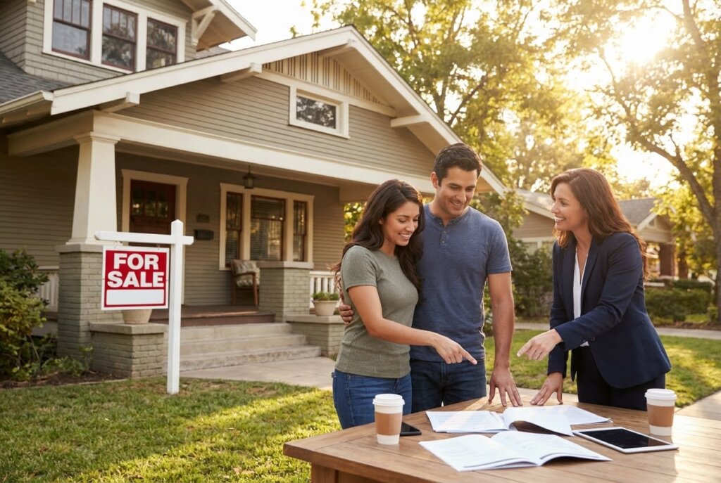 Couple and realtor reviewing documents at a table in front of a For Sale house on a sunny day.