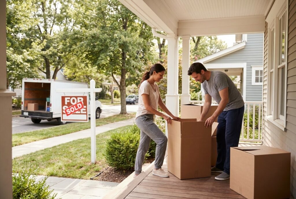 Couple packing boxes on a porch with a For Sale - Sold sign and moving truck in the driveway.