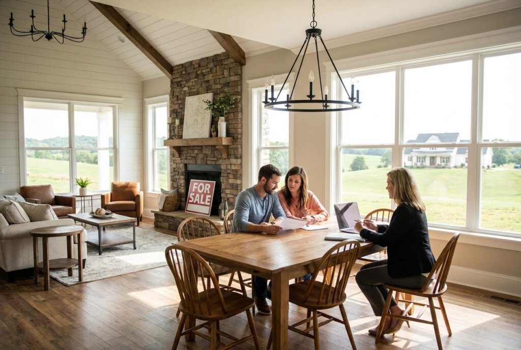 Couple reviewing documents with a real estate agent at a dining table in a modern home with a "For Sale" sign.