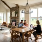 Couple reviewing documents with a real estate agent at a dining table in a modern home with a "For Sale" sign.