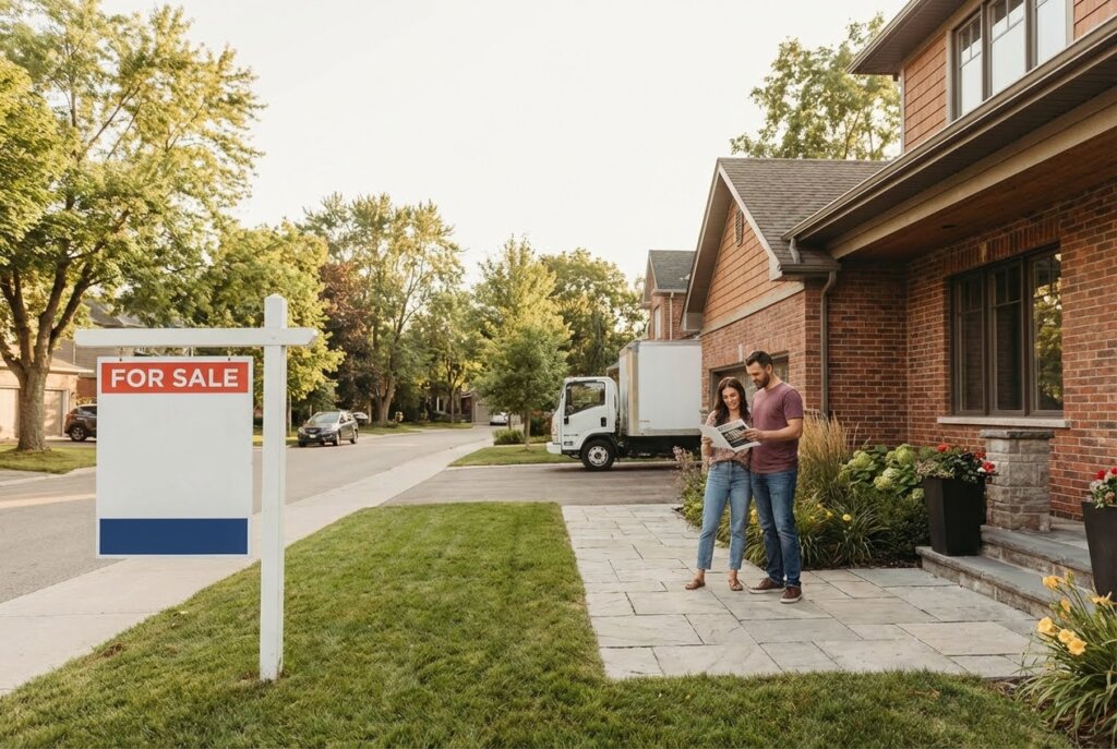 Couple reviewing papers outside a brick house with a "For Sale" sign and moving truck.