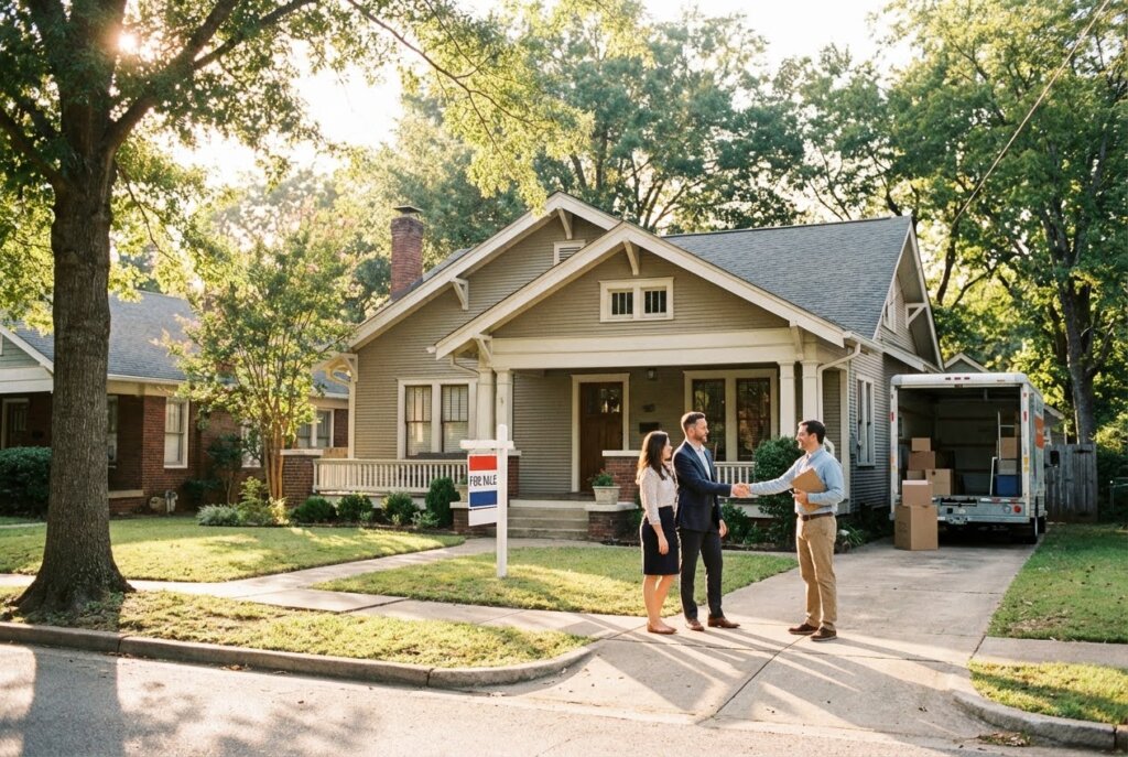 Couple shaking hands with a man in front of a house with a "For Sale" sign and a moving truck.