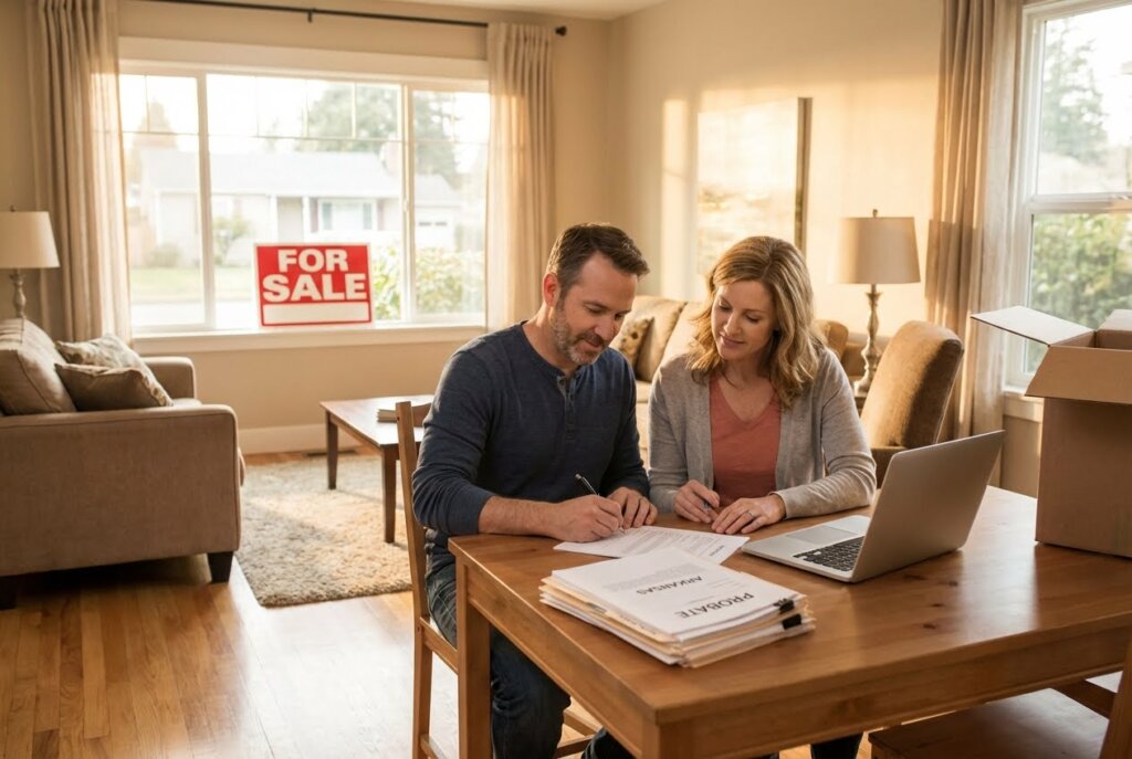 Couple signing Arkansas Probate forms at a table, with a For Sale sign visible in the window.