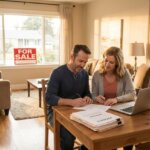 Couple signing Arkansas Probate forms at a table, with a For Sale sign visible in the window.