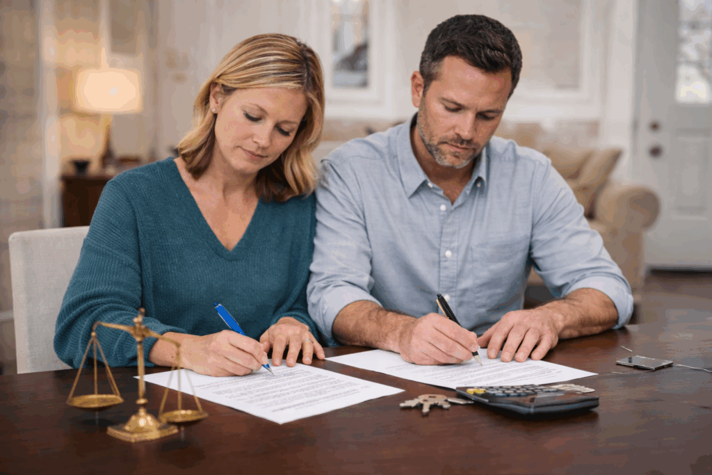 Couple signing divorce settlement documents and property division paperwork during an uncontested divorce in Arkansas.