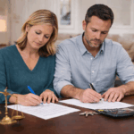 Couple signing divorce settlement documents and property division paperwork during an uncontested divorce in Arkansas.
