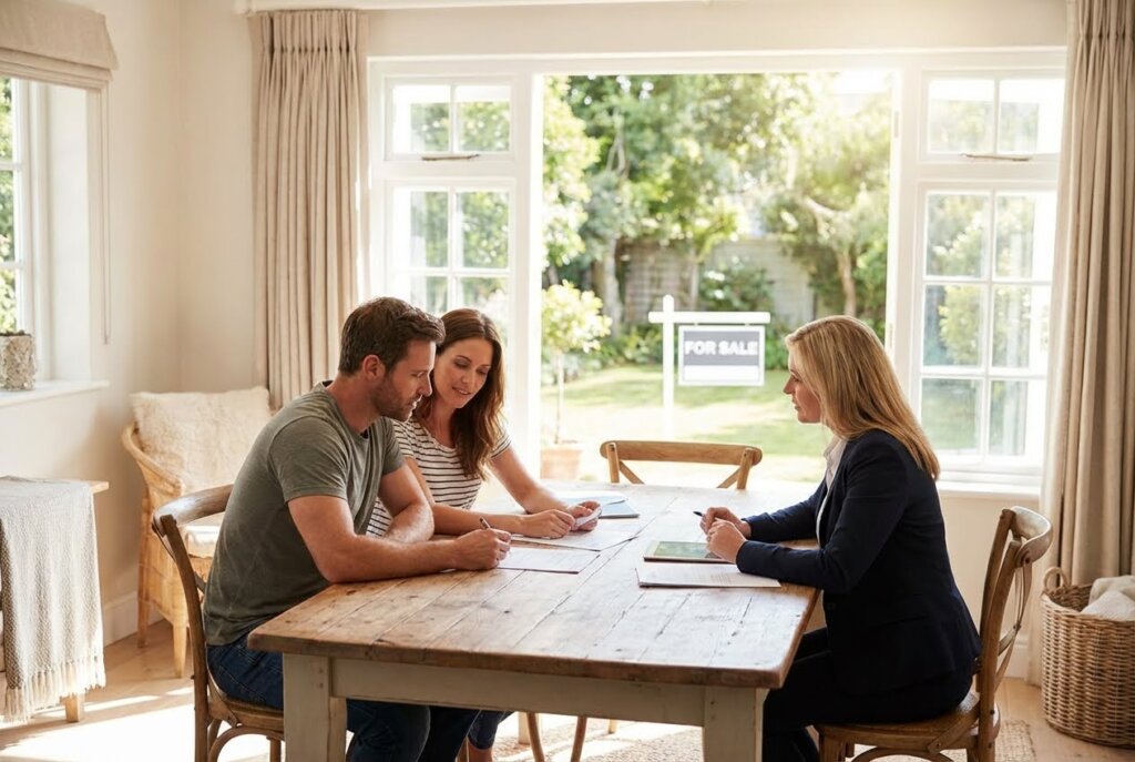 Couple signing documents with a real estate agent at a table, with a "For Sale" sign visible outside.