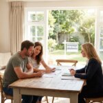 Couple signing documents with a real estate agent at a table, with a "For Sale" sign visible outside.