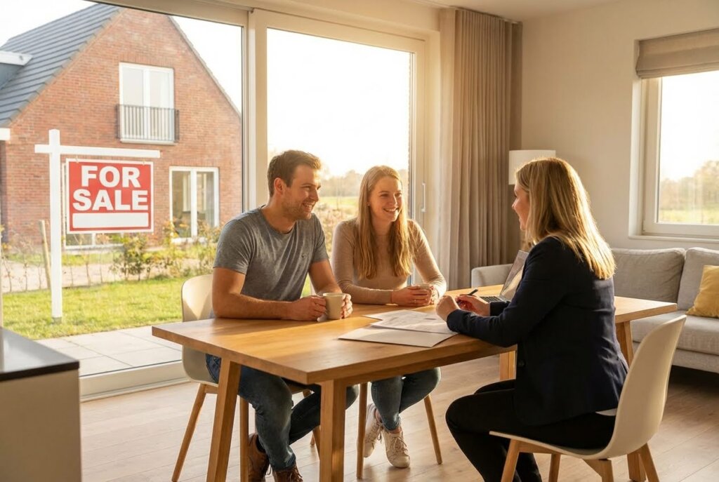Couple smiling at a real estate agent at a table, with a FOR SALE sign and brick house visible through a large window.