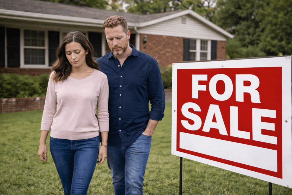Divorcing couple walking past their house with a for sale sign while selling the marital home after divorce.
