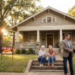 Family and realtor smiling in front of a beige house with a For Sale - Sold sign on a sunny day.
