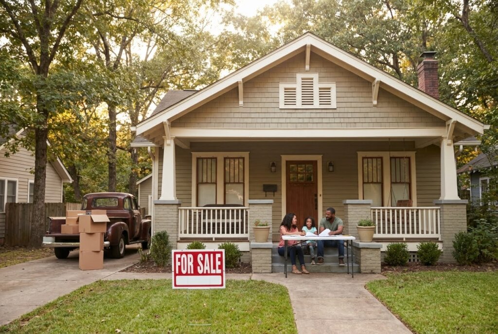 Family on the porch of a "For Sale" house with moving boxes in a truck on a sunny day.