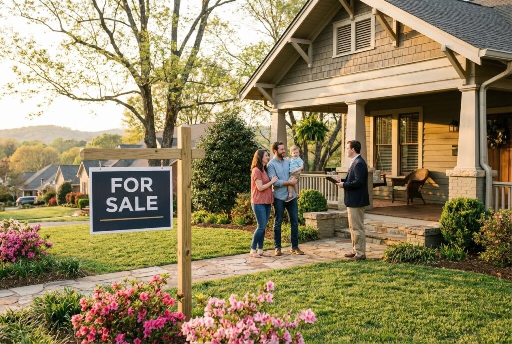 Family with a baby talking to a realtor in front of a Craftsman-style house with a "For Sale" sign and pink azaleas.