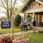 Family with a baby talking to a realtor in front of a Craftsman-style house with a "For Sale" sign and pink azaleas.