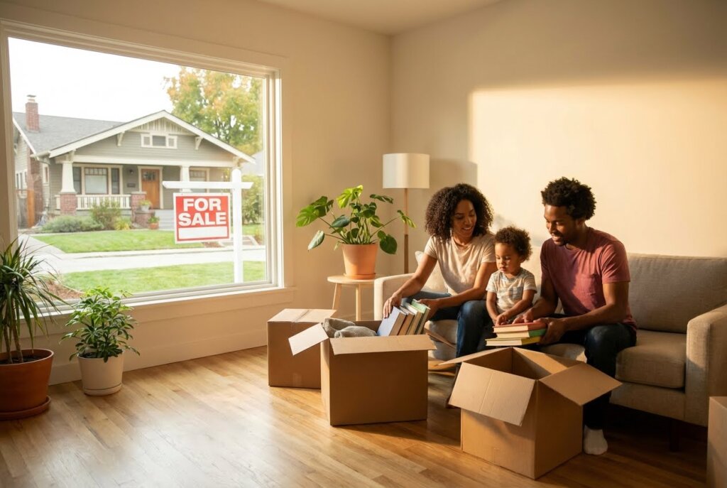 Family with child unpacking boxes in a new home, a For Sale sign visible through the window.