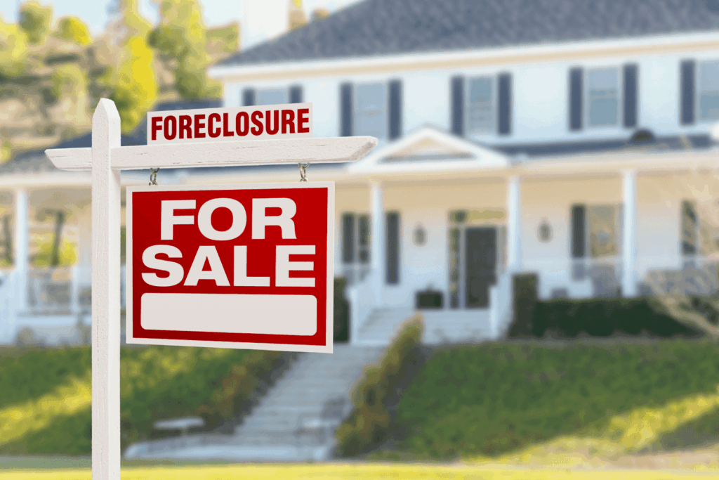 “Foreclosure” and “For Sale” sign in front of a house, indicating a foreclosed property on the market.