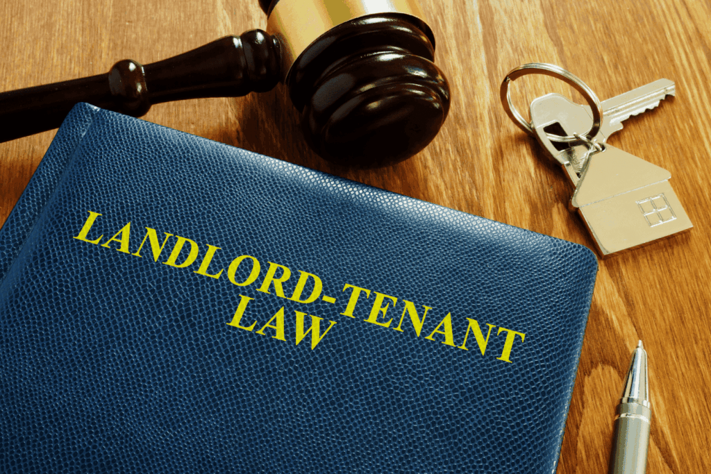 Gavel, house keys, and a book titled “Landlord-Tenant Law” on a wooden desk.