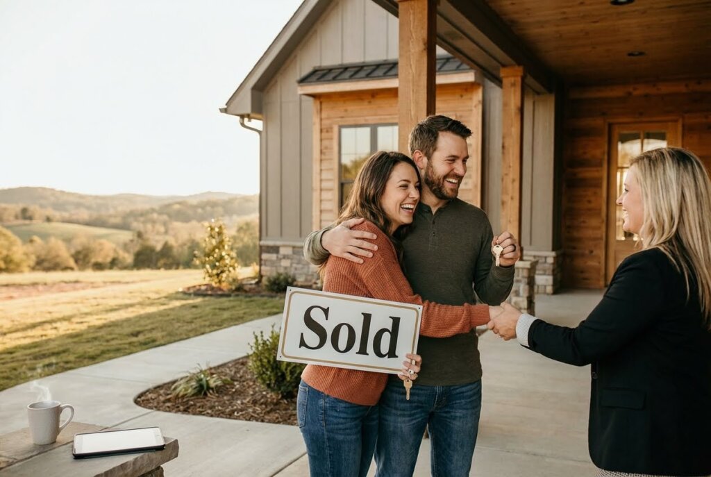 Happy couple holding a "Sold" sign and keys, shaking hands with a realtor in front of their new home.