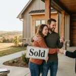 Happy couple holding a "Sold" sign and keys, shaking hands with a realtor in front of their new home.